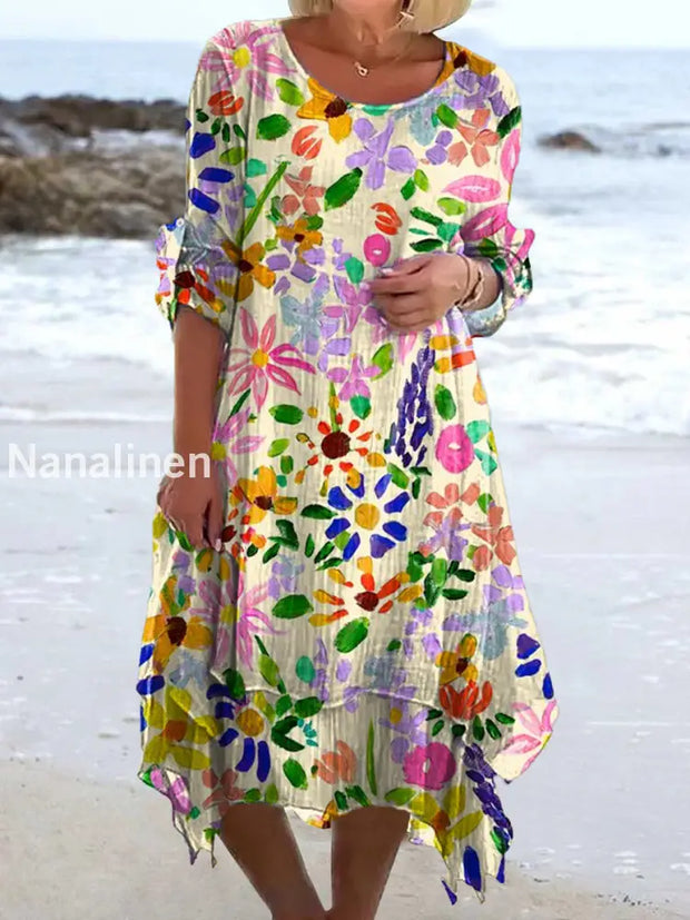 Vintage Floral Print Chic Three-Quarter Sleeves Round Neck Elegant Midi Dress A / S