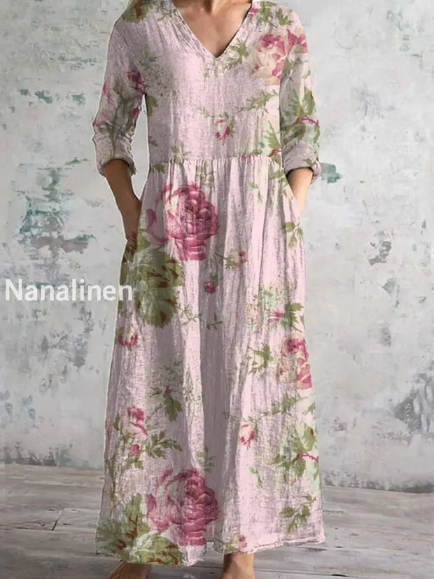 Vintage Floral Print Chic V Neck 3/4 Sleeve Elegant Midi Dress A / S