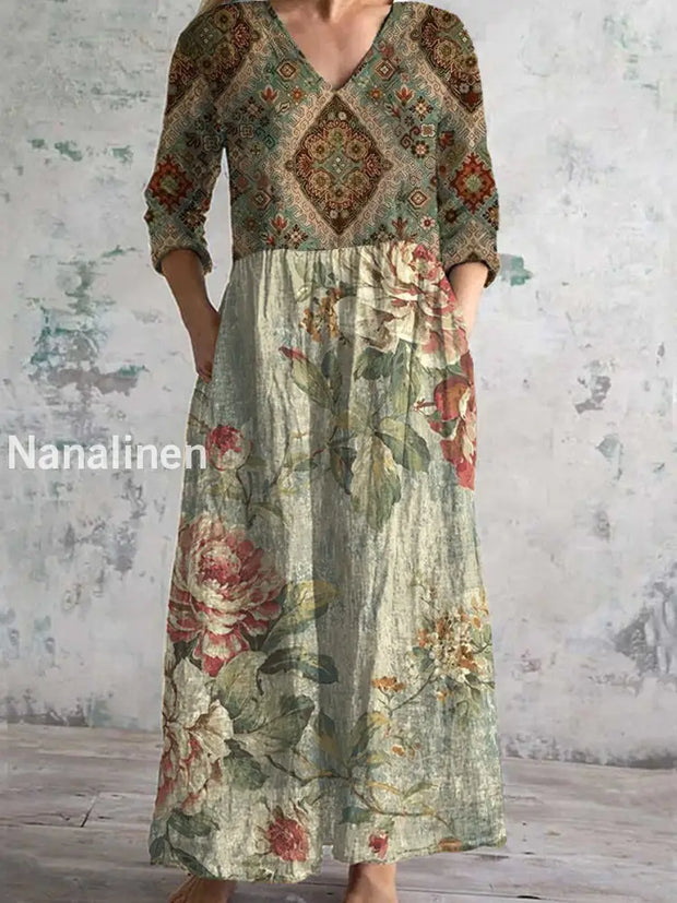 Vintage Floral Print Chic V Neck 3/4 Sleeve Elegant Midi Dress A / S