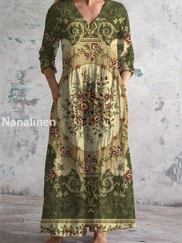 Vintage Floral Print Chic V-Neck Three-Quarter Sleeve Elegant Midi Dress A / S