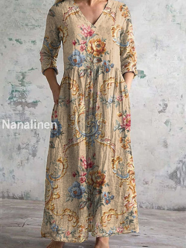 Vintage Floral Print Chic V-Neck Three-Quarter Sleeves Elegant Midi Dress A / S