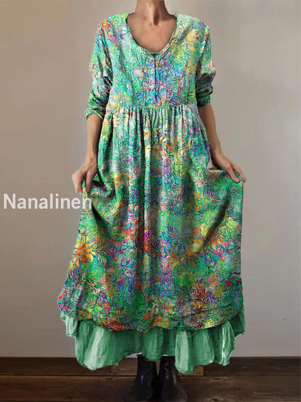 Vintage Floral Print Elegant Chic Loose Midi Dress Green / S