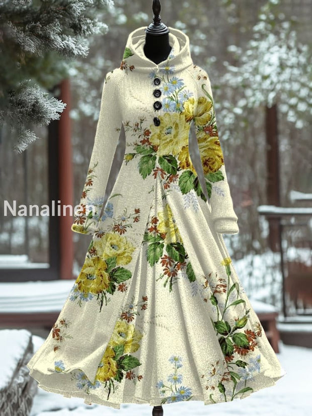 Vintage Floral Print Hooded Patchwork Long Sleeve 50S Elegant Slim Fake Two-Piece Midi Dress A / S