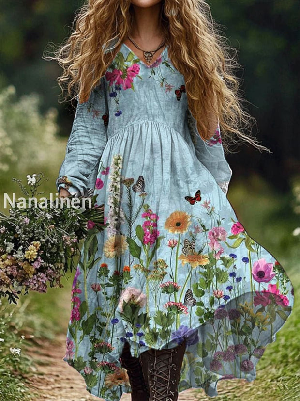 Vintage Floral Print V-Neck Elegant Chic Loose Long Sleeve Midi Dress A / S