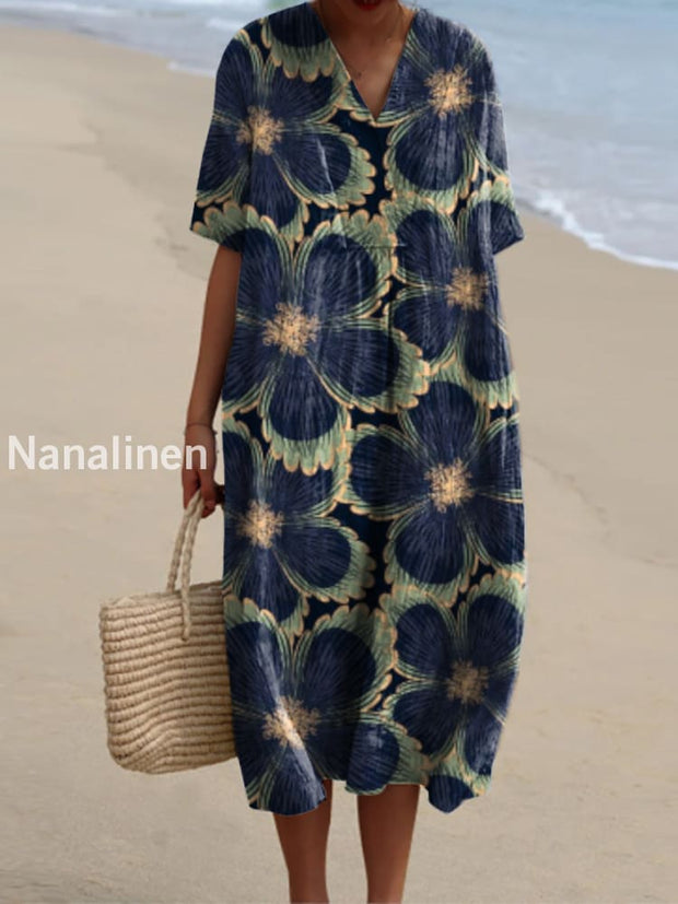 Vintage Floral Print V-Neck Elegant Chic Loose Short Sleeve Midi Dress A / S