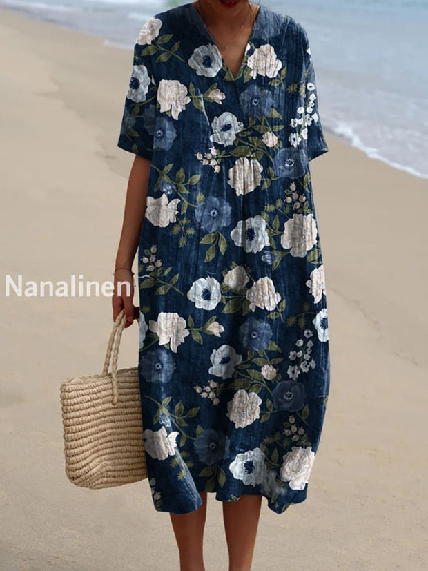 Vintage Floral Print V-Neck Elegant Chic Loose Short Sleeve Midi Dress A / S
