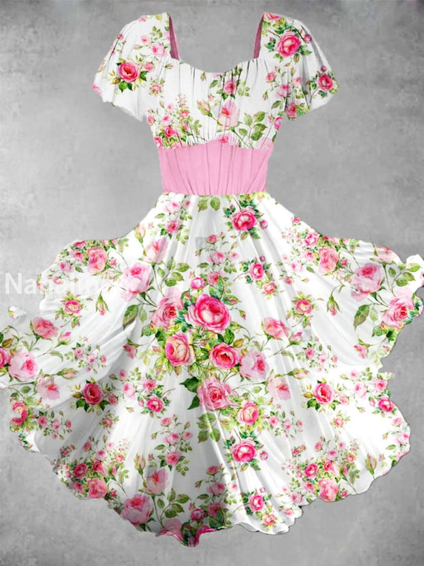 Vintage Floral Print V Neck Short Sleeve Midi Dress A / S