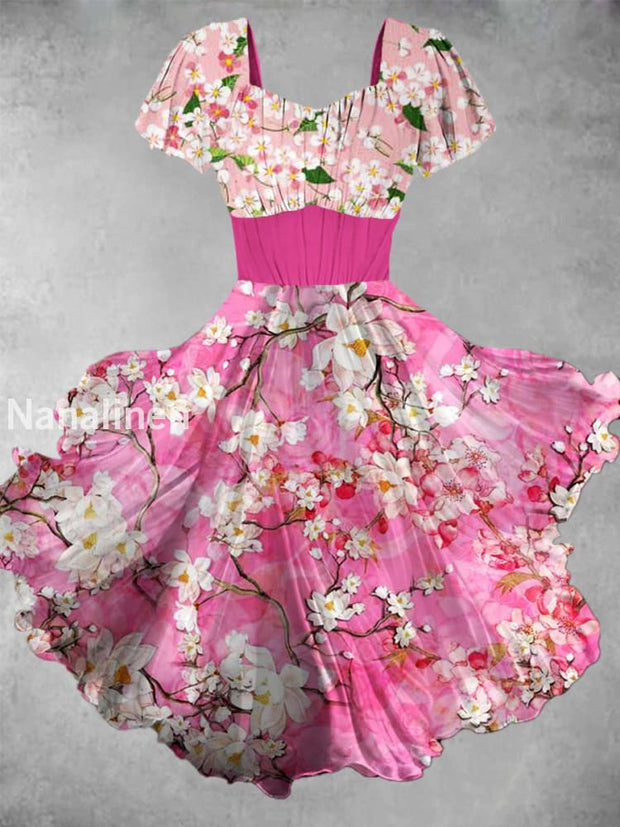 Vintage Floral Print V Neck Short Sleeve Midi Dress A / S
