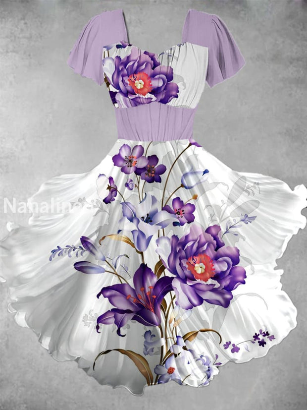 Vintage Floral Print V Neck Short Sleeve Midi Dress A / S