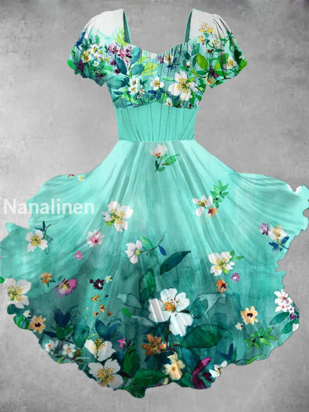 Vintage Floral Print V Neck Short Sleeve Midi Dress A / S