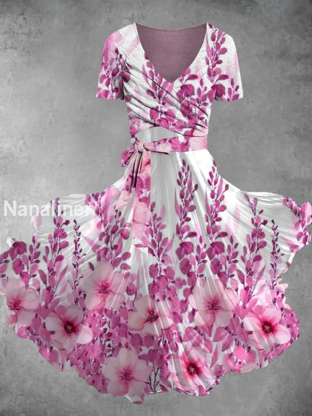 Vintage Floral Print V-Neck Short Sleeve Two-Piece Midi Dress A / S