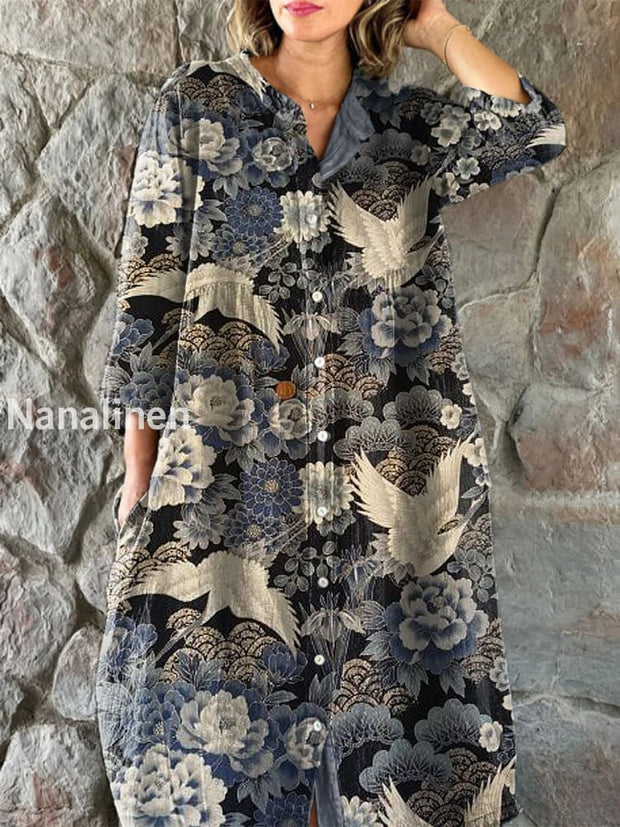 Vintage Flying Bird Floral Art Print Chic V-Neck Three-Quarter Sleeve Button Up Elegant Midi Dress Navy Blue / S