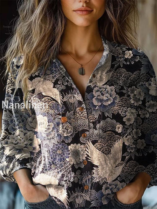 Vintage Flying Bird Printed Women’s Casual Long Sleeve Comfortable Cotton Shirt Light Blue / S