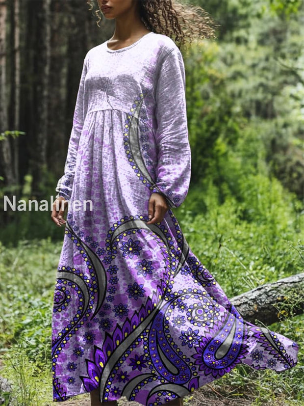 Vintage Gradient Floral Art Printed Round Neck Loose Long Sleeves Midi Dress Light Purple / S