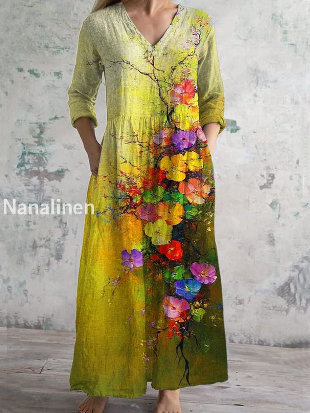 Vintage Gradient Flowers Art Print Chic V Neck Three Quarter Sleeve Elegant Midi Dress Yellow / S