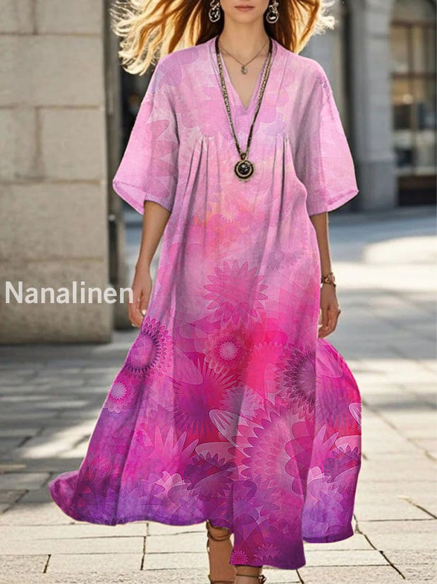 Vintage Gradient Print V-Neck Short Sleeve Midi Dress Pink / S