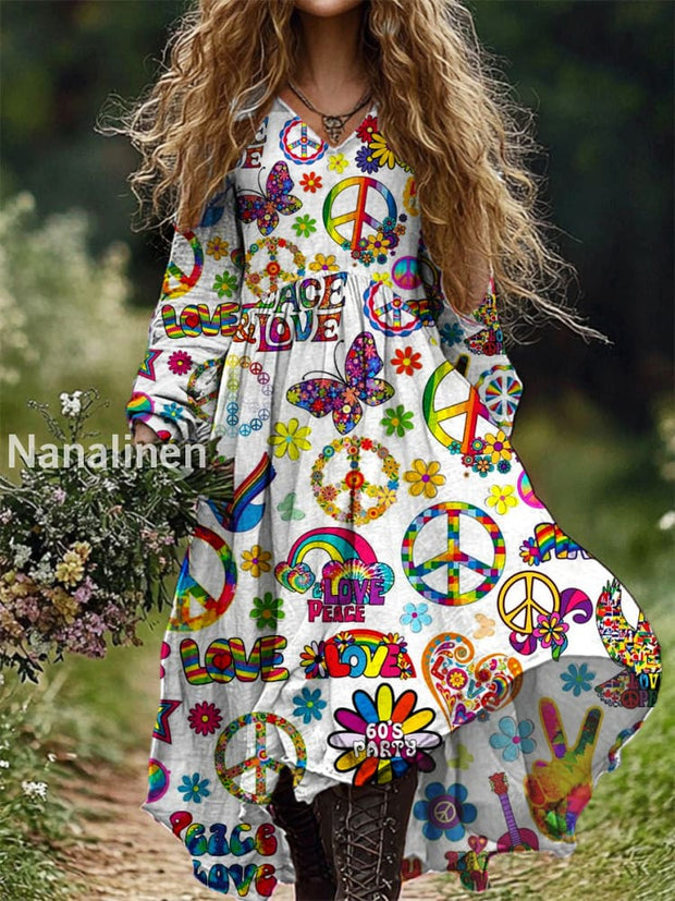 Vintage Hippie Art Print V-Neck Elegant Chic Loose Long Sleeve Midi Dress A / S