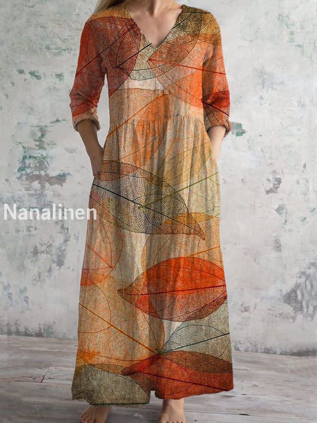 Vintage Leaves Art Print Chic V Neck Three Quarter Sleeve Elegant Midi Dress Orange / S