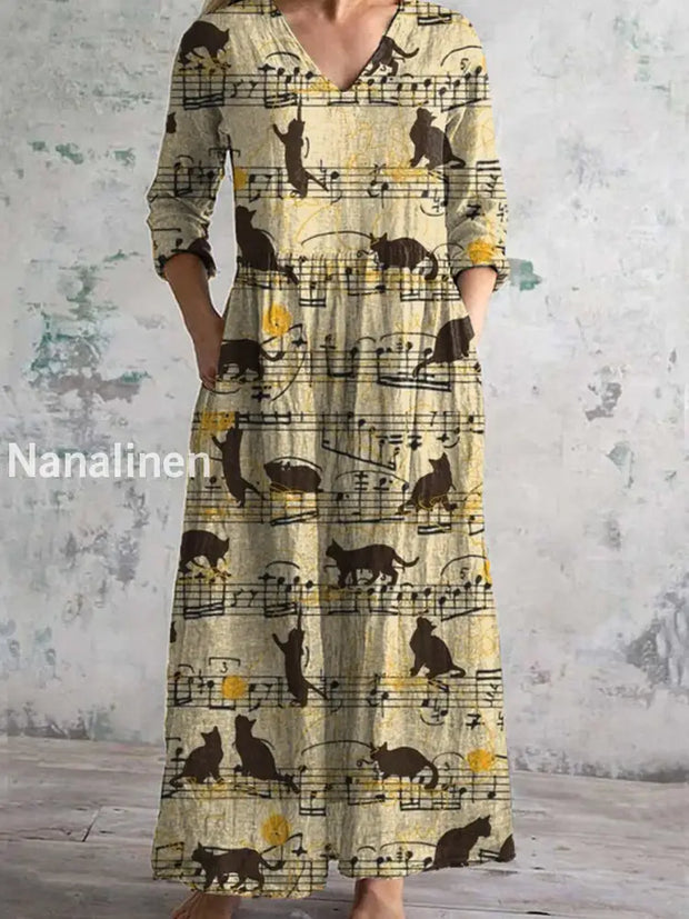 Vintage Music Animal Art Print Chic V-Neck Three-Quarter Sleeves Elegant Midi Dress A / S