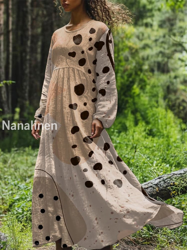 Vintage Polka Dot Printed Round Neck Loose Long Sleeves Midi Dress Light Coffee / S