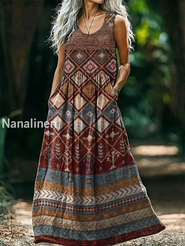 Vintage Round Neck Bohemian Ethnic Art Print Elegant Chic Sleeveless Loose Midi Dress A / S