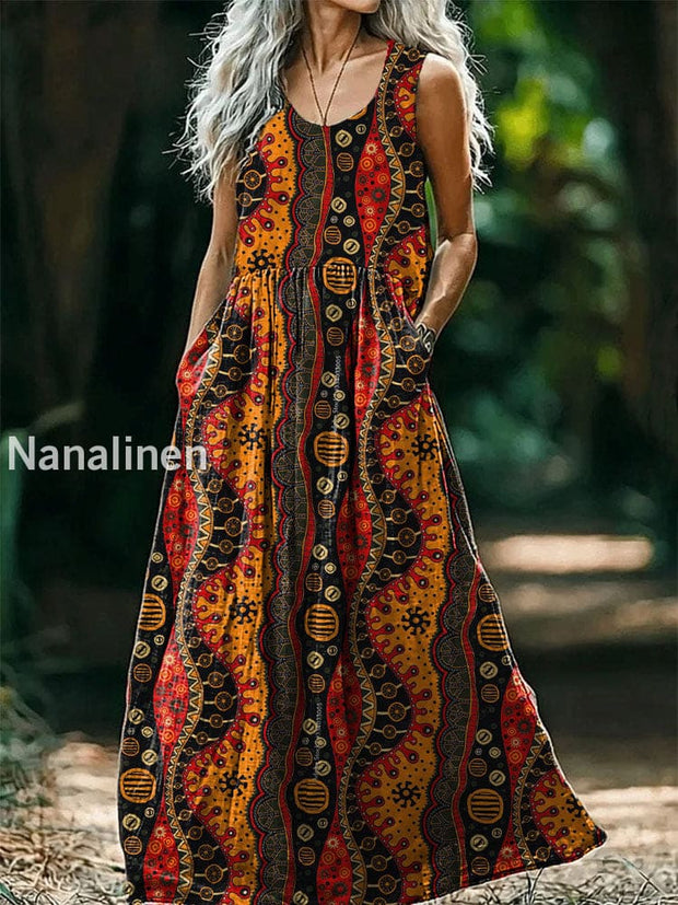 Vintage Round Neck Bohemian Ethnic Art Print Elegant Chic Sleeveless Loose Midi Dress A / S