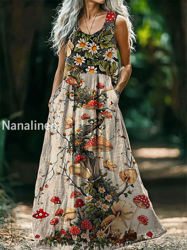 Vintage Round Neck Bohemian Ethnic Art Print Elegant Chic Sleeveless Loose Midi Dress A / S