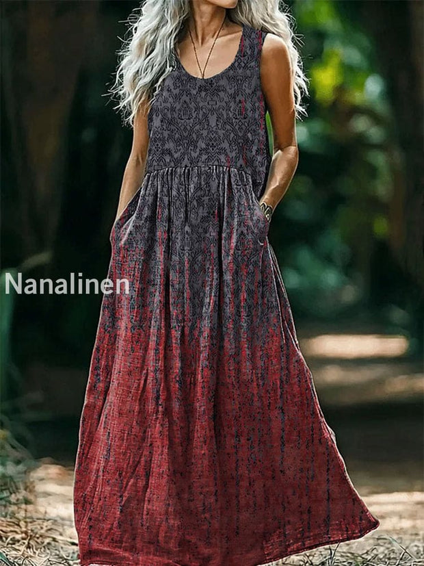 Vintage Round Neck Bohemian Ethnic Art Print Elegant Chic Sleeveless Loose Midi Dress A / S