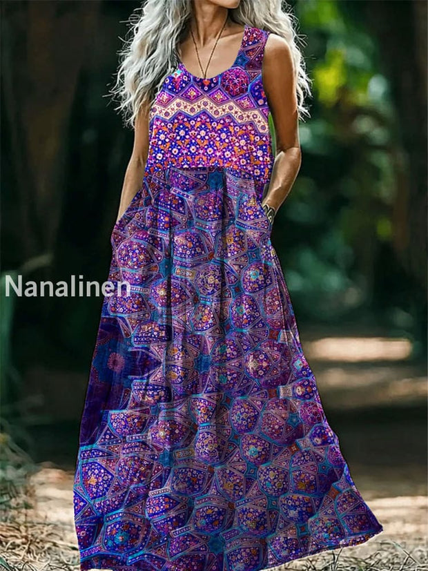 Vintage Round Neck Bohemian Ethnic Floral Print Elegant Chic Sleeveless Loose Midi Dress A / S