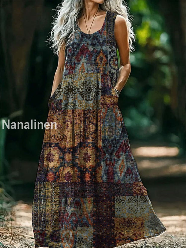 Vintage Round Neck Bohemian Ethnic Floral Print Elegant Chic Sleeveless Loose Midi Dress A / S