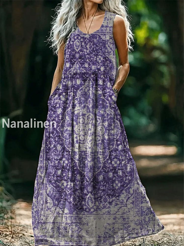 Vintage Round Neck Bohemian Ethnic Floral Print Elegant Chic Sleeveless Loose Midi Dress A / S