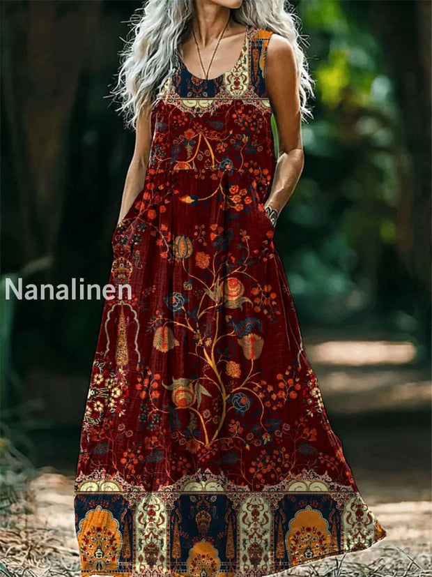 Vintage Round Neck Bohemian Ethnic Floral Print Elegant Chic Sleeveless Loose Midi Dress A / S