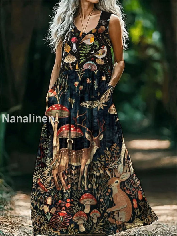 Vintage Round Neck Bohemian Ethnic Mushroom Print Elegant Chic Sleeveless Loose Midi Dress A / S