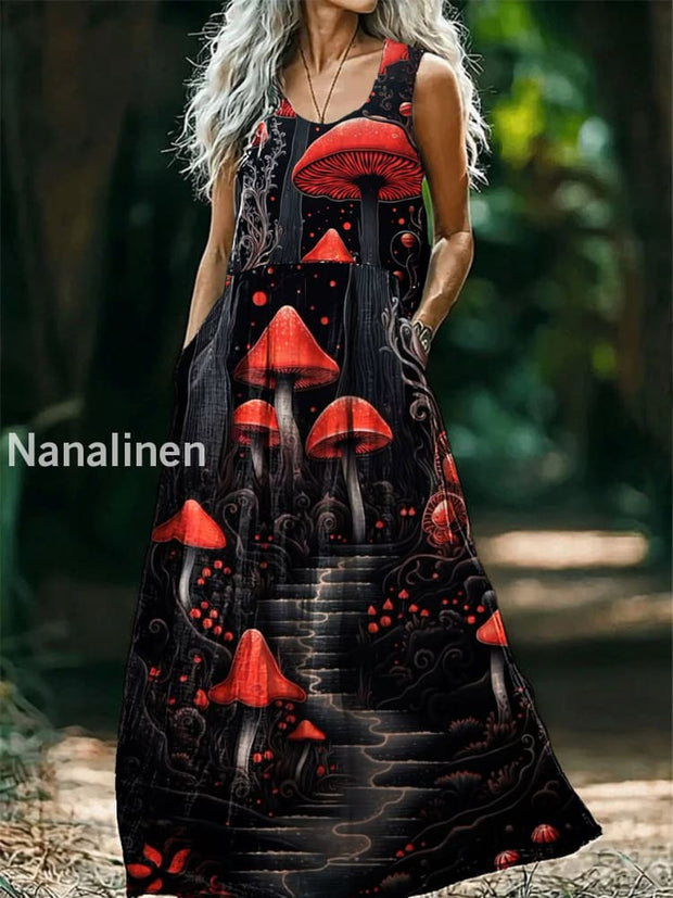 Vintage Round Neck Bohemian Ethnic Mushroom Print Elegant Chic Sleeveless Loose Midi Dress A / S