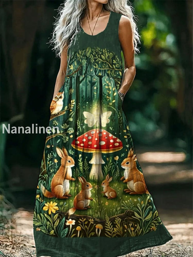 Vintage Round Neck Bohemian Ethnic Mushroom Print Elegant Chic Sleeveless Loose Midi Dress A / S