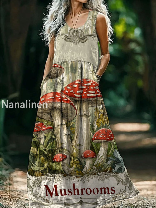 Vintage Round Neck Bohemian Ethnic Mushroom Print Elegant Chic Sleeveless Loose Midi Dress A / S