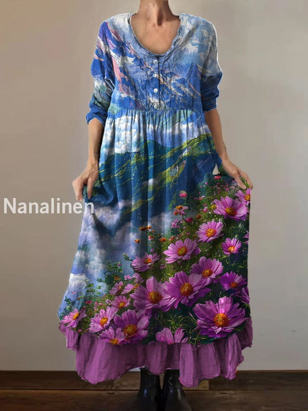 Vintage Round Neck Bohemian Floral Print Elegant Chic Loose Midi Dress A / S