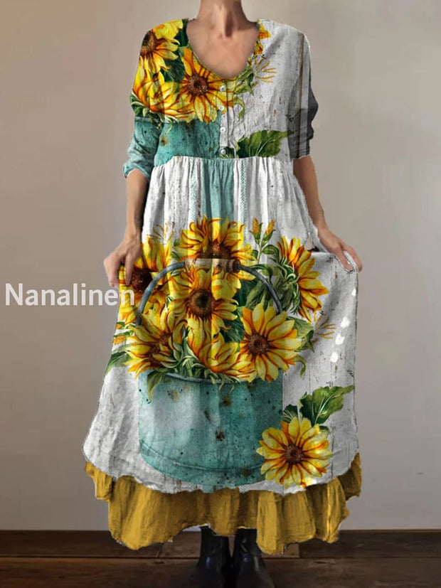 Vintage Round Neck Bohemian Floral Print Elegant Chic Loose Midi Dress A / S
