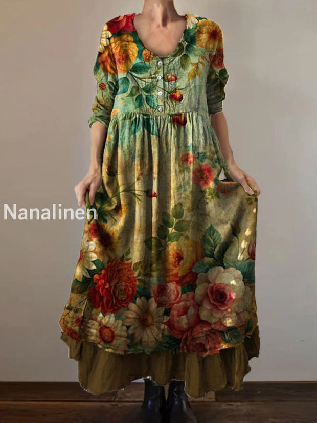 Vintage Round Neck Bohemian Floral Print Elegant Chic Loose Midi Dress A / S