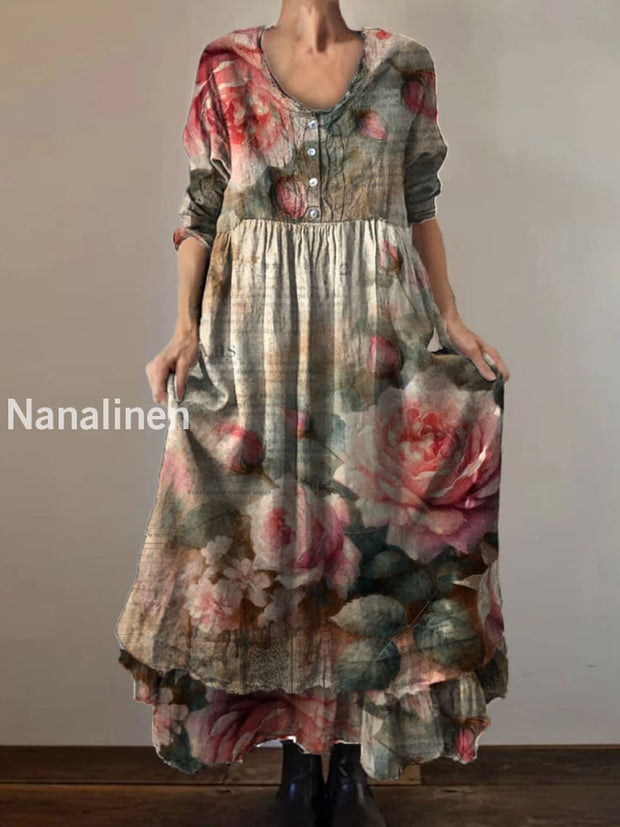 Vintage Round Neck Bohemian Floral Print Elegant Chic Loose Midi Dress A / S