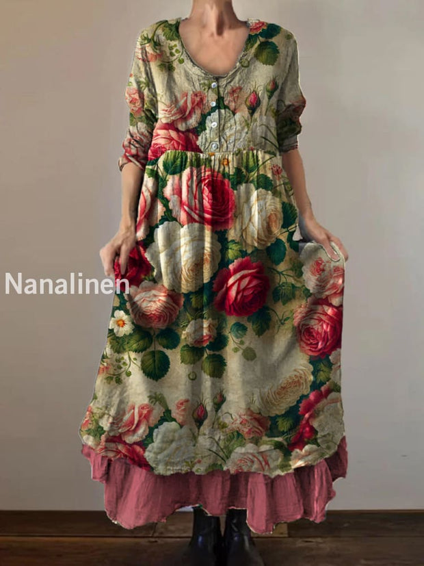 Vintage Round Neck Bohemian Floral Print Elegant Chic Loose Midi Dress A / S
