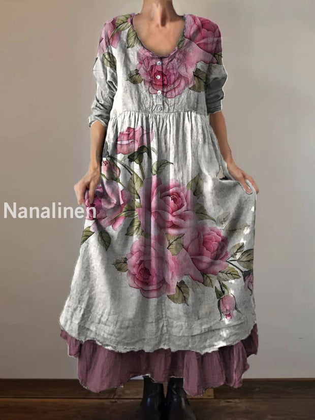 Vintage Round Neck Bohemian Floral Print Elegant Chic Loose Midi Dress A / S