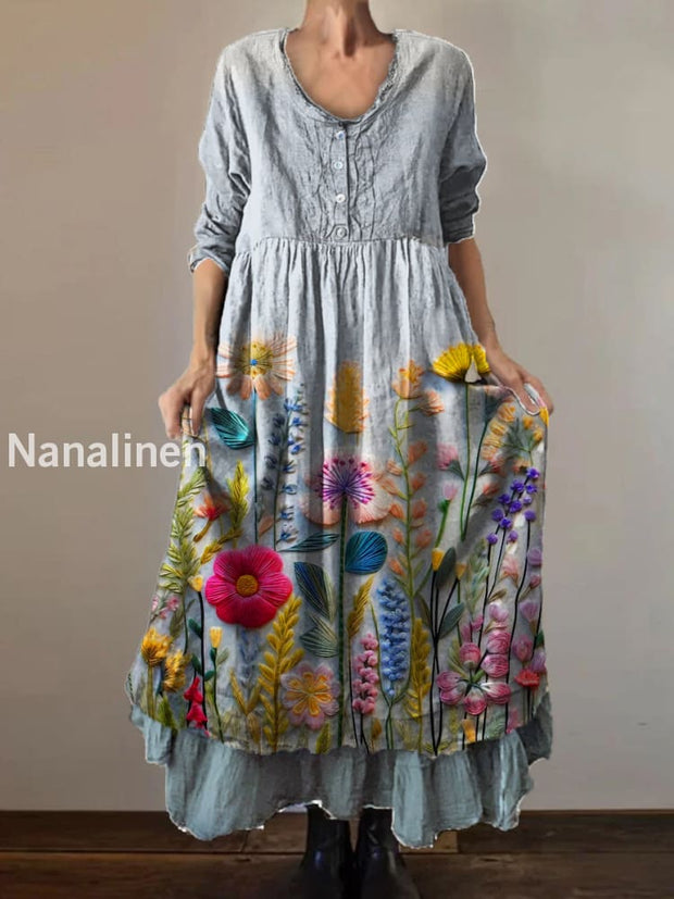 Vintage Round Neck Bohemian Floral Print Elegant Chic Loose Midi Dress A / S
