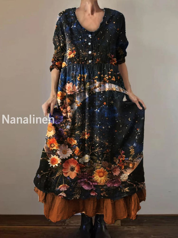 Vintage Round Neck Bohemian Floral Print Elegant Chic Loose Midi Dress A / S