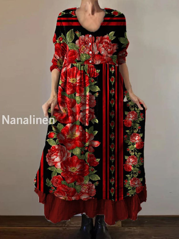 Vintage Round Neck Bohemian Floral Print Elegant Chic Loose Midi Dress A / S