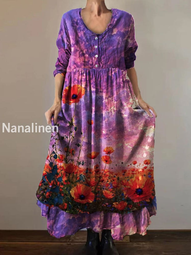 Vintage Round Neck Bohemian Floral Print Elegant Chic Loose Midi Dress A / S