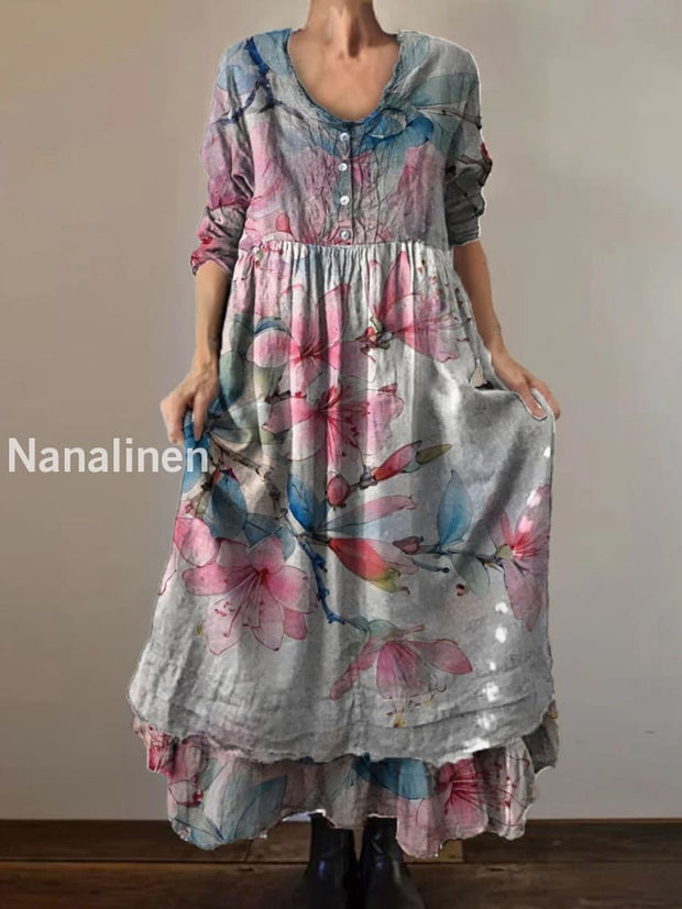 Vintage Round Neck Bohemian Floral Print Elegant Chic Loose Midi Dress A / S