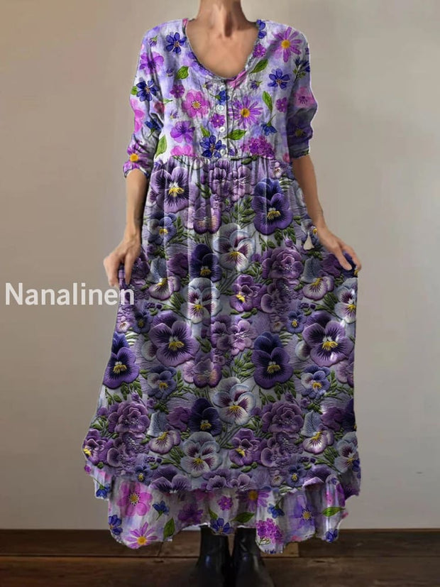 Vintage Round Neck Bohemian Floral Print Elegant Chic Loose Midi Dress A / S