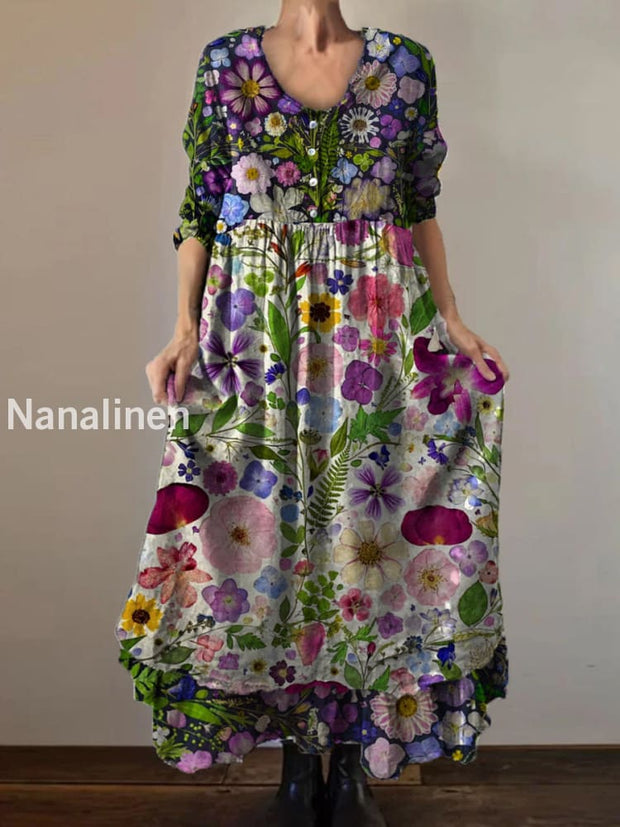 Vintage Round Neck Bohemian Floral Print Elegant Chic Loose Midi Dress A / S