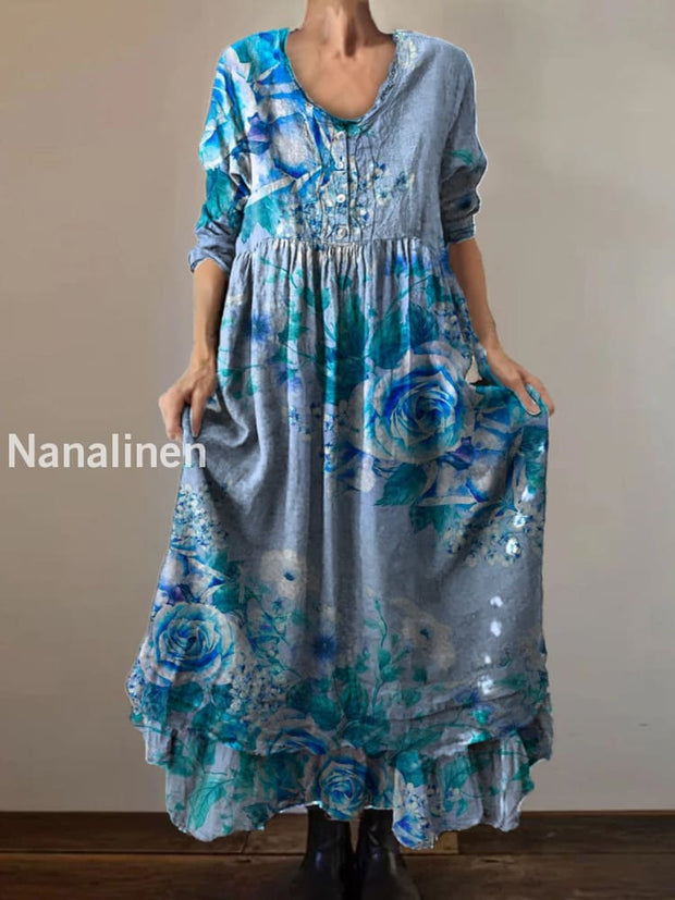 Vintage Round Neck Bohemian Floral Print Elegant Chic Loose Midi Dress A / S
